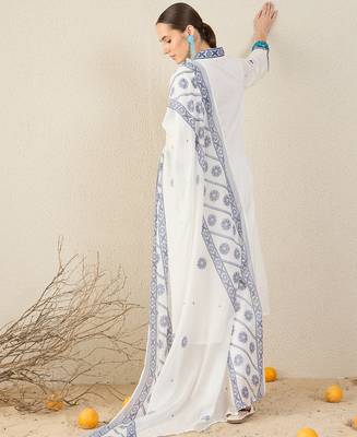 White pure cotton embroidered kurta trouser dupatta set 3