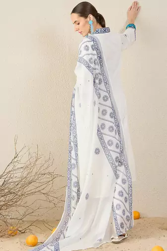 White pure cotton embroidered kurta trouser dupatta set