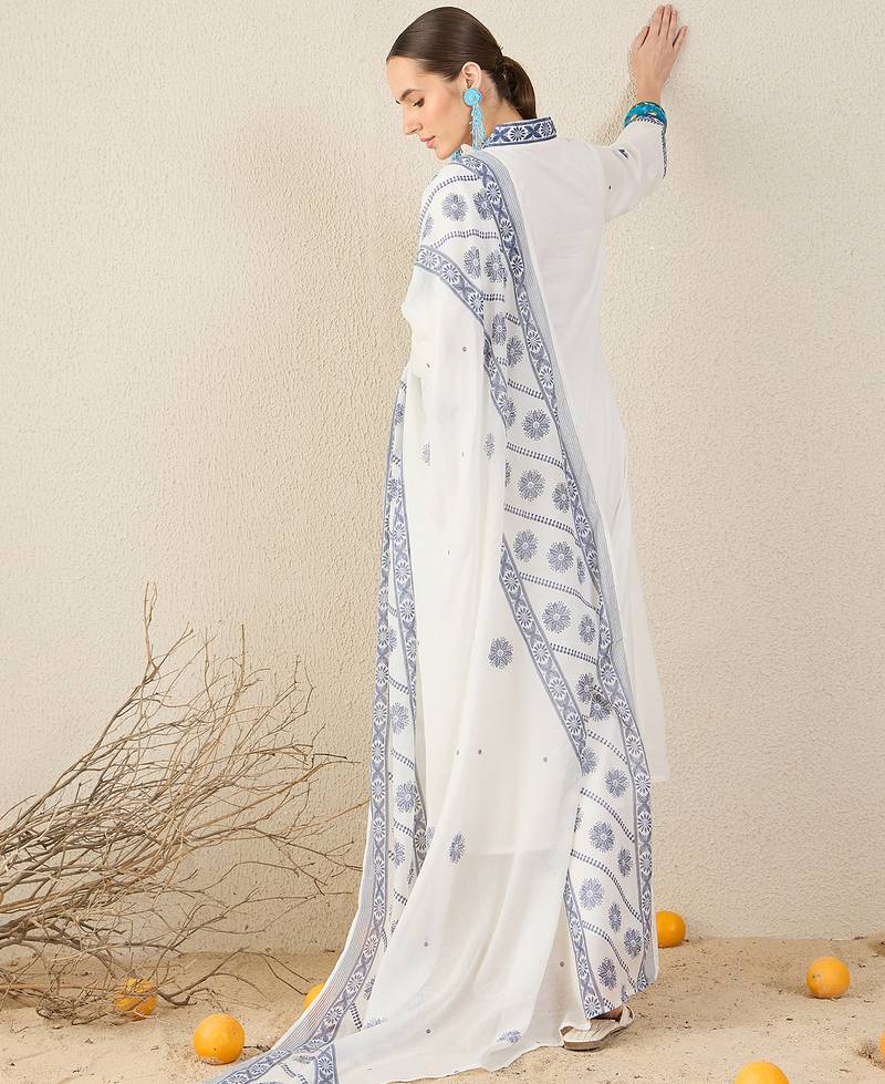 White pure cotton embroidered kurta trouser dupatta set