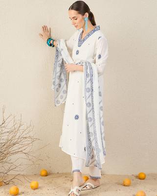 White pure cotton embroidered kurta trouser dupatta set 1