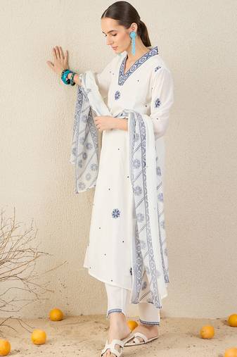 White pure cotton embroidered kurta trouser dupatta set