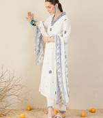 White pure cotton embroidered kurta trouser dupatta set