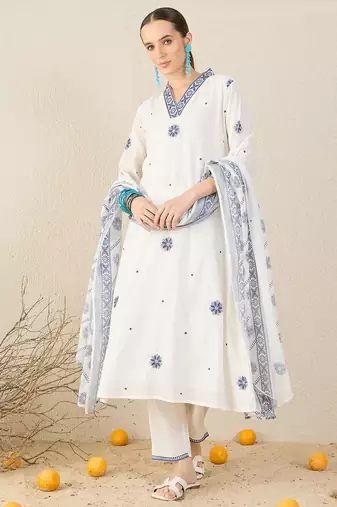 White pure cotton embroidered kurta trouser dupatta set