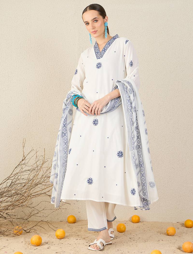 White pure cotton embroidered kurta trouser dupatta set