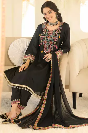 Black organza embroidered kurta trouser dupatta set