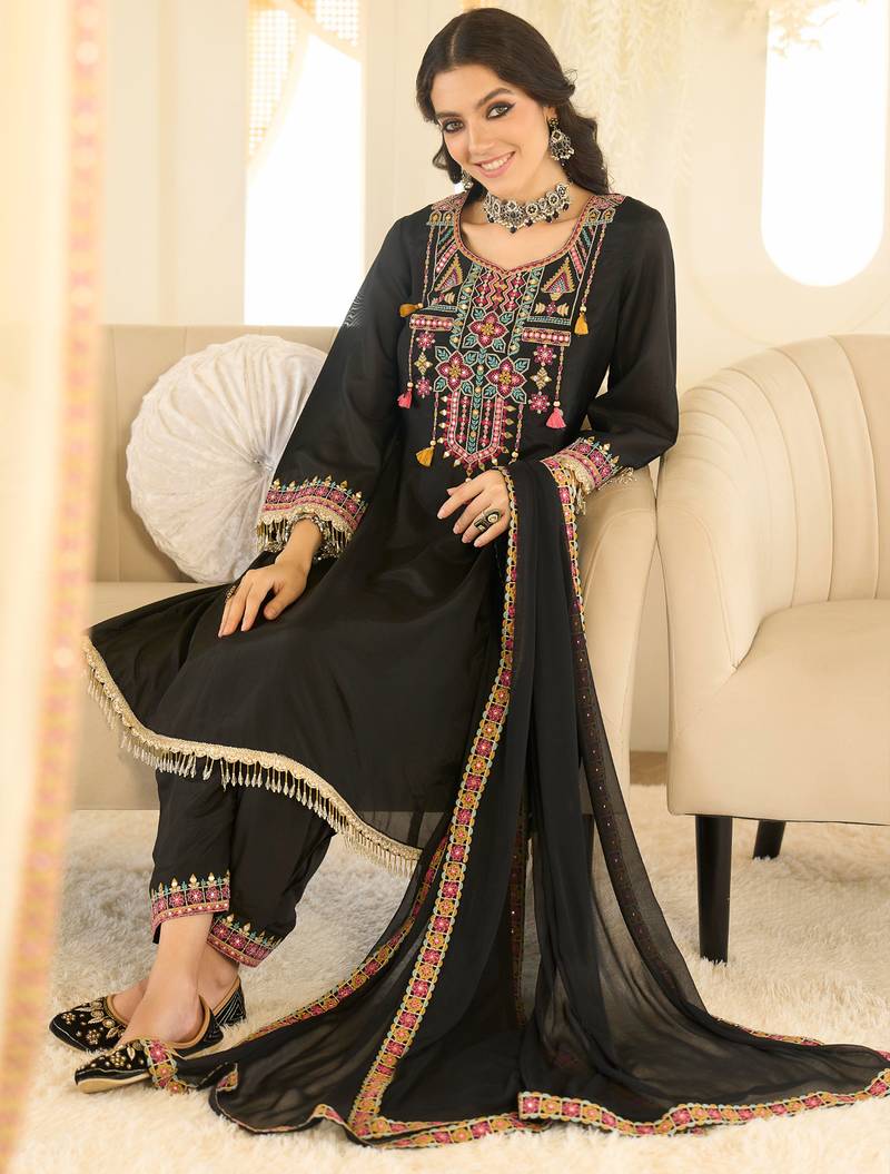Black organza embroidered kurta trouser dupatta set