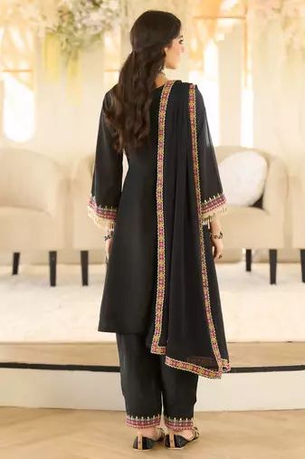 Black organza embroidered kurta trouser dupatta set