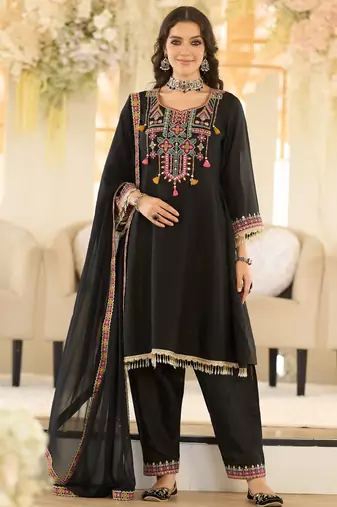 Black organza embroidered kurta trouser dupatta set