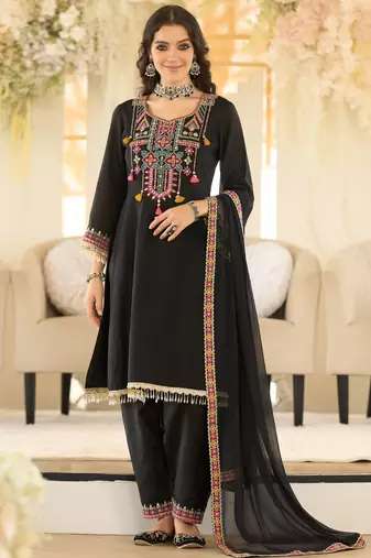 Black organza embroidered kurta trouser dupatta set