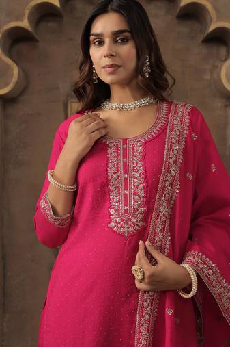 Pink pure cotton embroidered kurta trouser dupatta set
