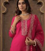Pink pure cotton embroidered kurta trouser dupatta set