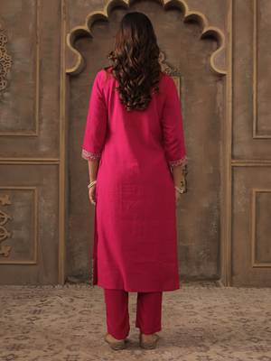 Pink pure cotton embroidered kurta trouser dupatta set 2