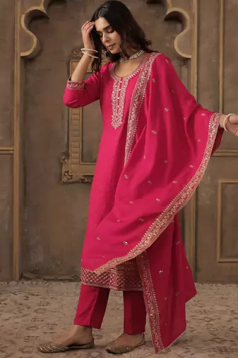 Pink pure cotton embroidered kurta trouser dupatta set