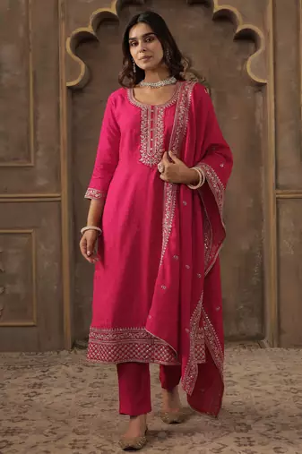 Pink pure cotton embroidered kurta trouser dupatta set