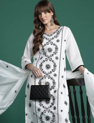 White silk blend embroidered kurta trouser dupatta set 2