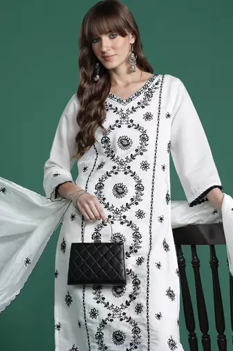 White silk blend embroidered kurta trouser dupatta set