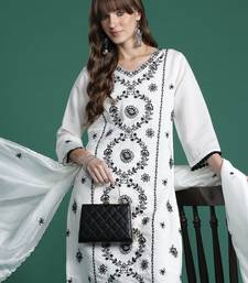 White silk blend embroidered kurta trouser dupatta set