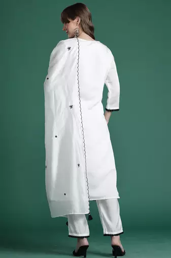 White silk blend embroidered kurta trouser dupatta set
