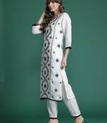 White silk blend embroidered kurta trouser dupatta set