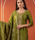 Green silk blend embroidered kurta trouser dupatta set