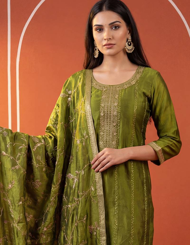 Green silk blend embroidered kurta trouser dupatta set