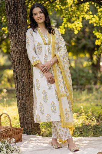 White pure cotton printed kurta trouser dupatta set