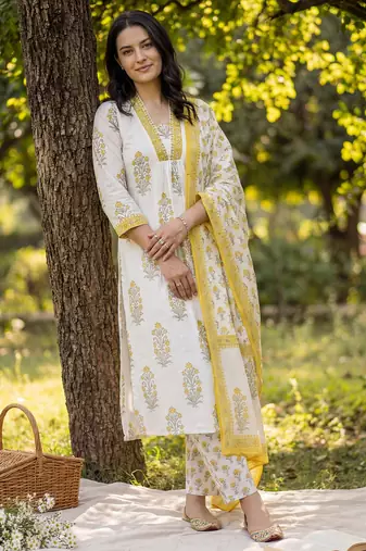 White pure cotton printed kurta trouser dupatta set