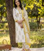 White pure cotton printed kurta trouser dupatta set