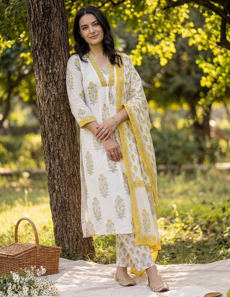 White pure cotton printed kurta trouser dupatta set