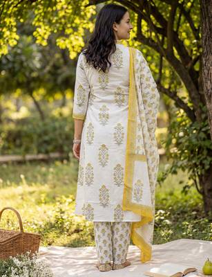 White pure cotton printed kurta trouser dupatta set 2