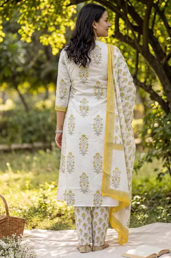 White pure cotton printed kurta trouser dupatta set