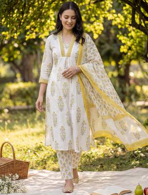White pure cotton printed kurta trouser dupatta set 3