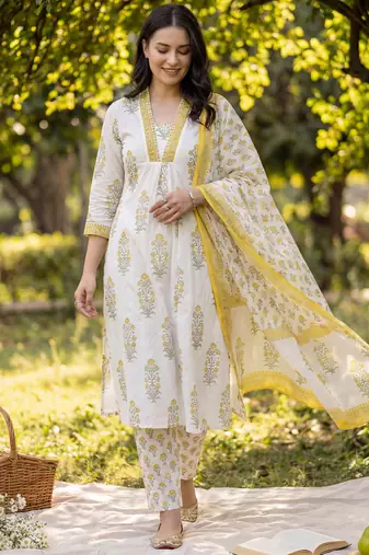White pure cotton printed kurta trouser dupatta set