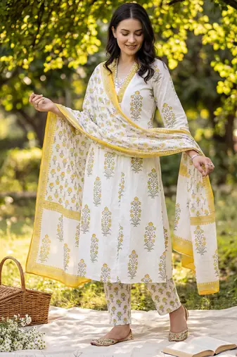 White pure cotton printed kurta trouser dupatta set