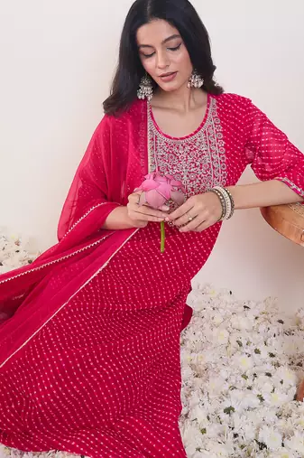 Pink georgette embroidered kurta trouser dupatta set