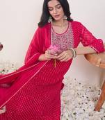 Pink georgette embroidered kurta trouser dupatta set