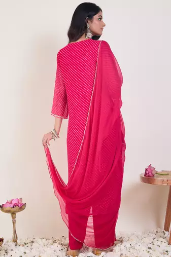 Pink georgette embroidered kurta trouser dupatta set