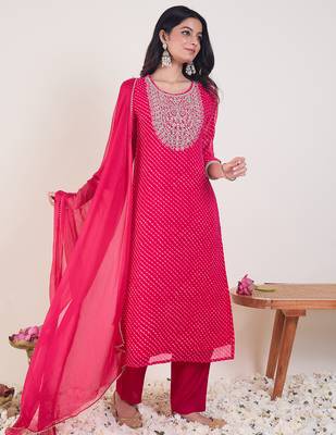 Pink georgette embroidered kurta trouser dupatta set 3