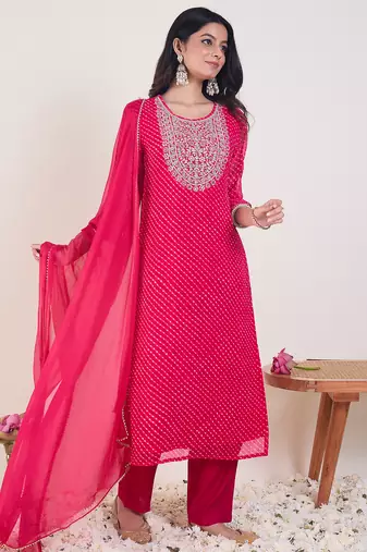 Pink georgette embroidered kurta trouser dupatta set