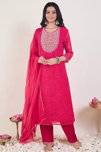 Pink georgette embroidered kurta trouser dupatta set