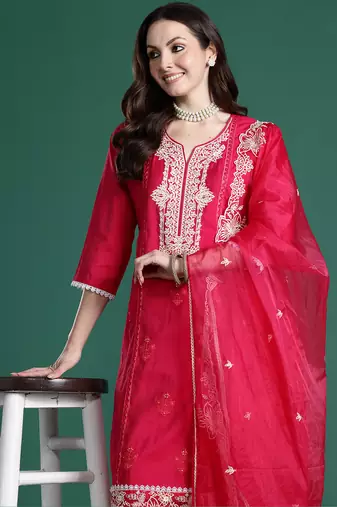 Pink silk blend embroidered kurta trouser dupatta set