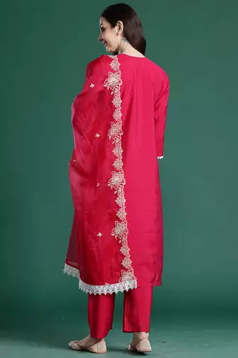 Pink silk blend embroidered kurta trouser dupatta set