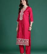 Pink silk blend embroidered kurta trouser dupatta set
