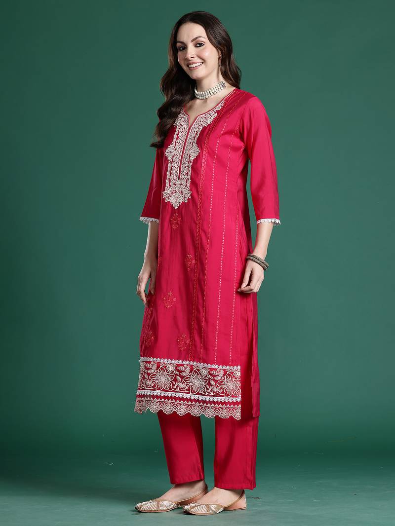 Pink silk blend embroidered kurta trouser dupatta set