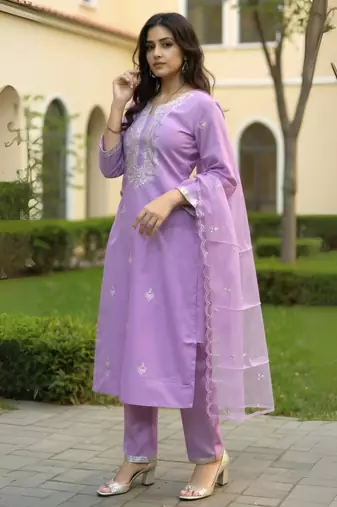 Lavender silk blend embroidered kurta trouser dupatta set
