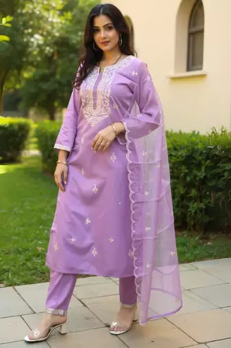 Lavender silk blend embroidered kurta trouser dupatta set