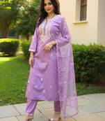Lavender silk blend embroidered kurta trouser dupatta set