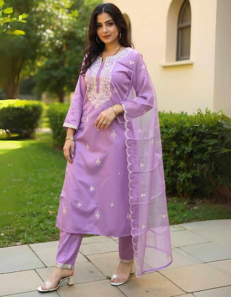 Lavender silk blend embroidered kurta trouser dupatta set