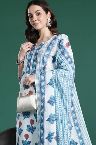 White pure cotton printed kurta trouser dupatta set