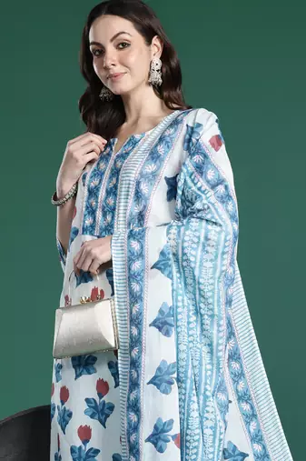 White pure cotton printed kurta trouser dupatta set